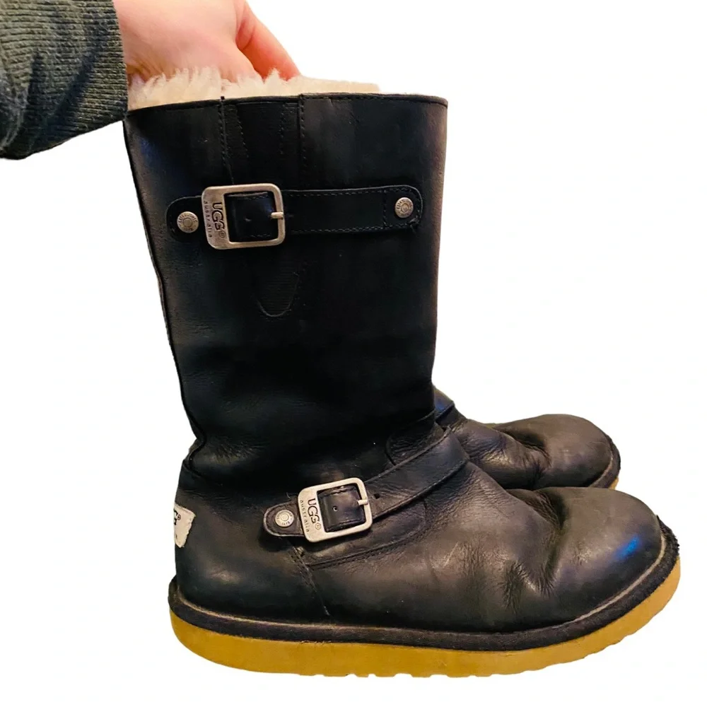 Ugg 1969 Kensington Women's Black Leather Shearling Side Zip Biker Boot